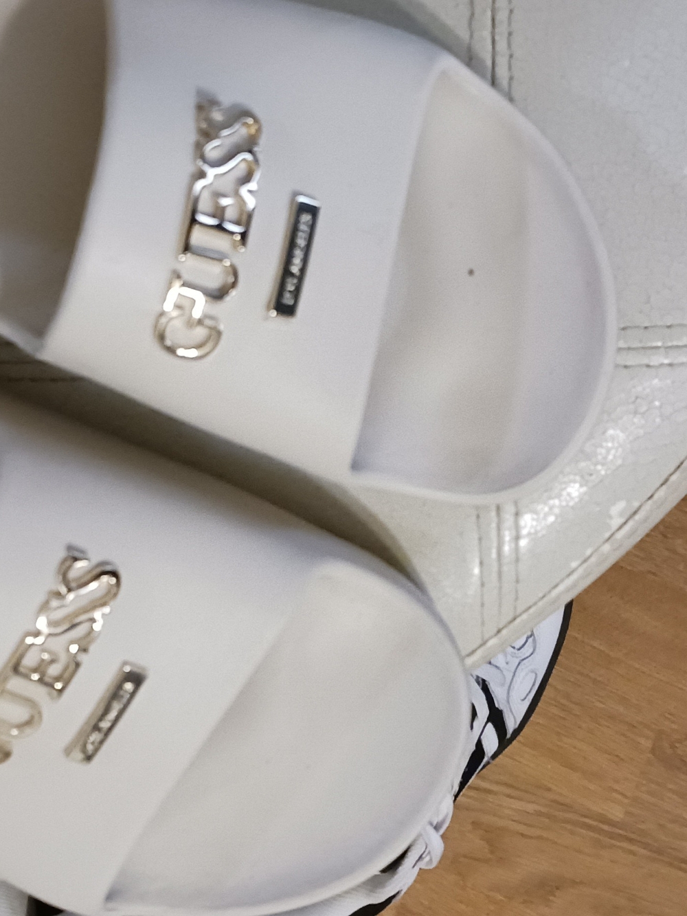 Guess Cream Slide Sandals with Gold Logo Plaque